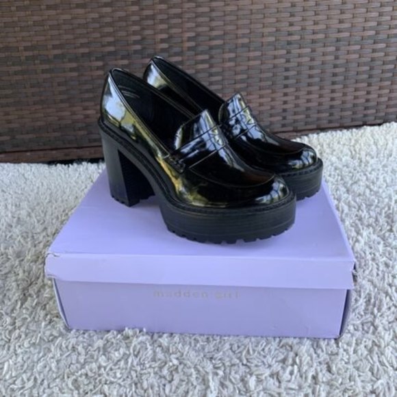 Madden Girl Shoes - Madden Girl Cassidy Patent Platform Chunky Heeled Loafers Black light wear